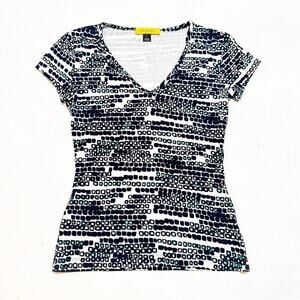 St. John Patterned Geometric V-Neck Short Sleeve Top Black White Blue Size Small